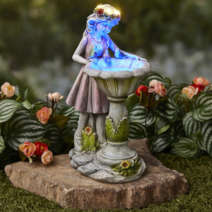 Solar Lighted Girl with Bird Bath Statue, 4.88 x 7.00 x 11.75 Inches