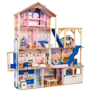 Four-story Wooden Swimming Pool Dollhouse, 147.09 x 48.49 x 151.31 cm