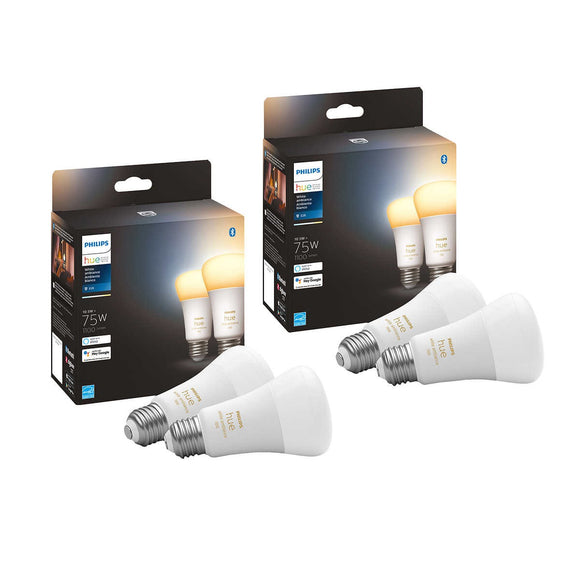 Philips Hue A19 Bluetooth 75W White Ambiance Smart LED Bulbs, 4-Pack