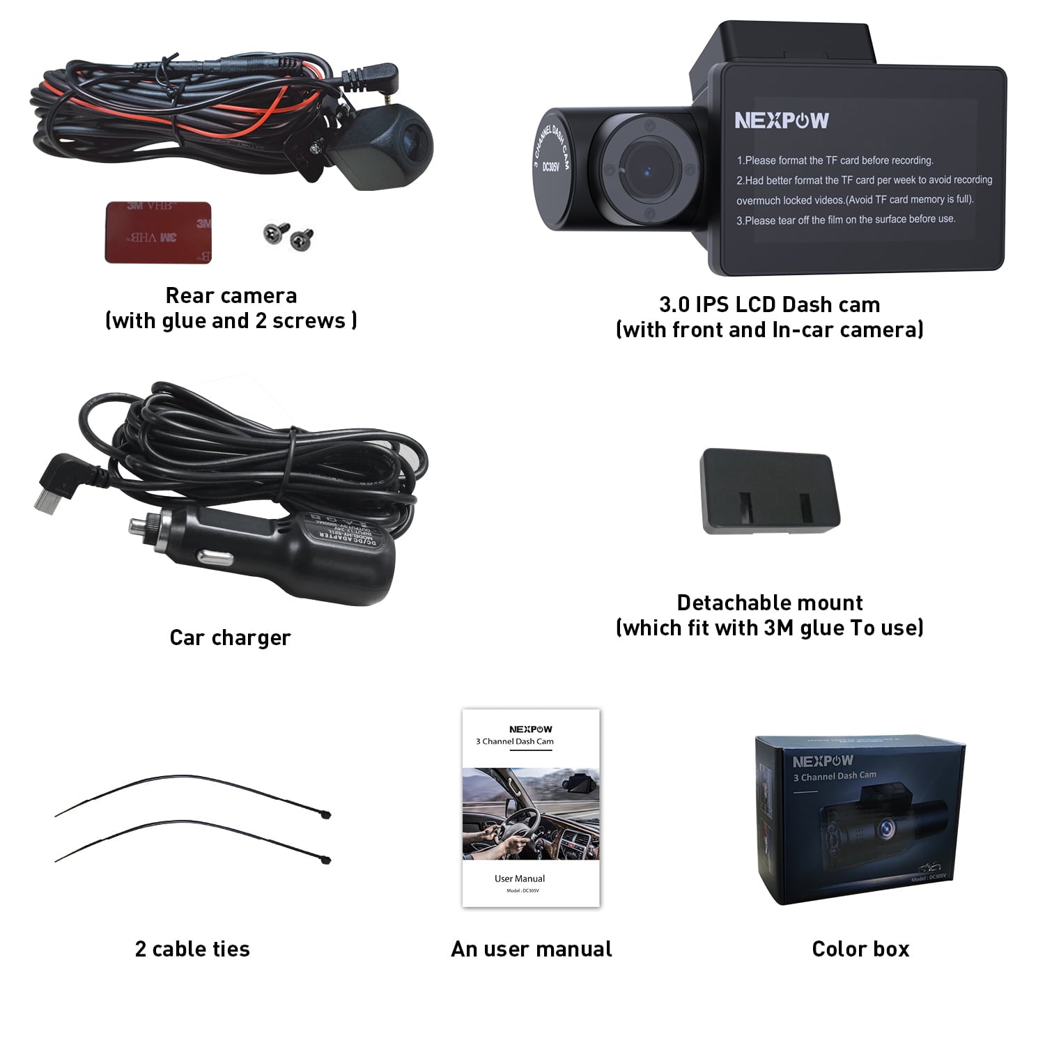 Front and Rear Wireless Dash Cam WiFi 1080P Car Cam with 3 IPS Screen  G-Sensor