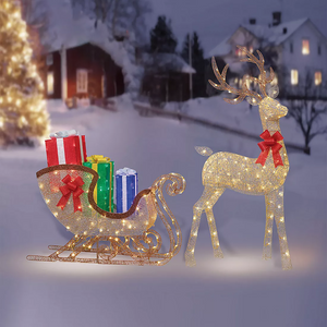 60" LED Reindeer and Sleigh Gift Box Sculpture