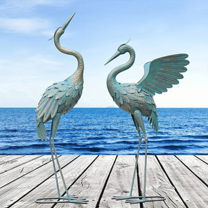 33-37 Inch Iron Crane Statue Set, Retro Spread-winged Garden Decoration, 2 Pc
