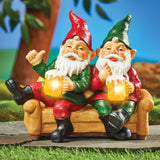 Two Garden Gnomes Statues with Solar Powered Beer Mugs, Two Gnomes Enjoying Beer on Couch