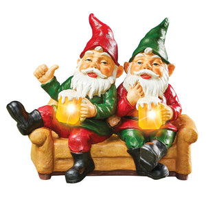 Two Garden Gnomes Statues with Solar Powered Beer Mugs, Two Gnomes Enjoying Beer on Couch
