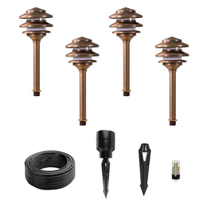 Volt Outdoor Landscape Lighting Expansion Kit, 4 Pagoda Path Lights with Brass LED Bulbs