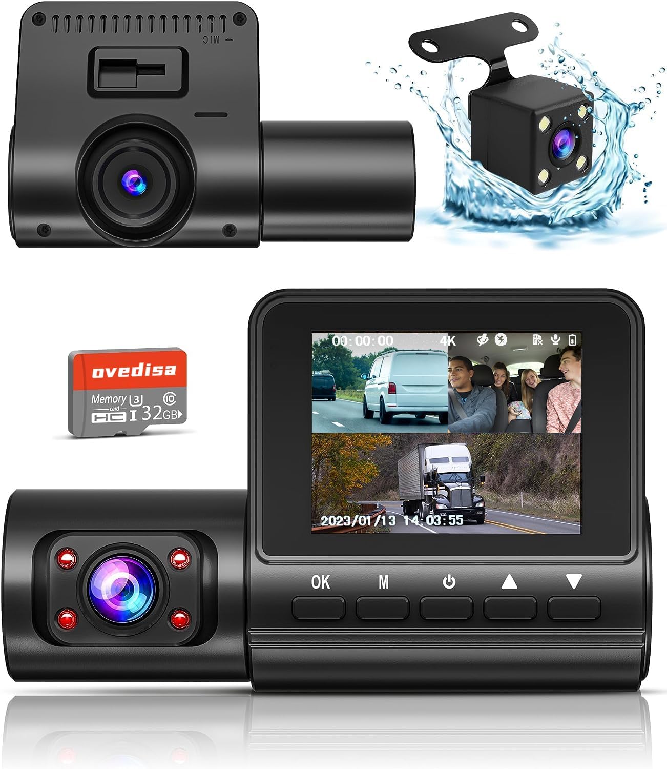 Dash Cam Front and Rear,4K Full UHD 3 Channel Dash Camera for Cars, Dashcam with Night Vision with Free 32GB SD Card,Built-In WDR,G-Sensor,Loop
