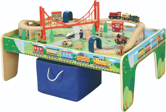 50 Piece Wooden Train Set with Activity Table & Storage Bin