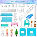 4 Stories 10 Rooms Dolls House with 2 Princesses Slide Accessories, Playset for Toddler Playhouse