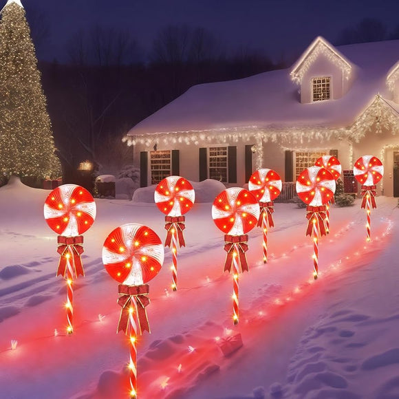 Peppermint Lollipop Candy Cane Pathway Lights with 160 LED Beads and Red Bows, 8-Pack