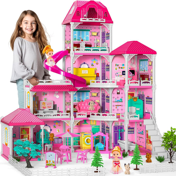 4 Stories 10 Rooms Dolls House with 2 Princesses Slide Accessories, Playset for Toddler Playhouse