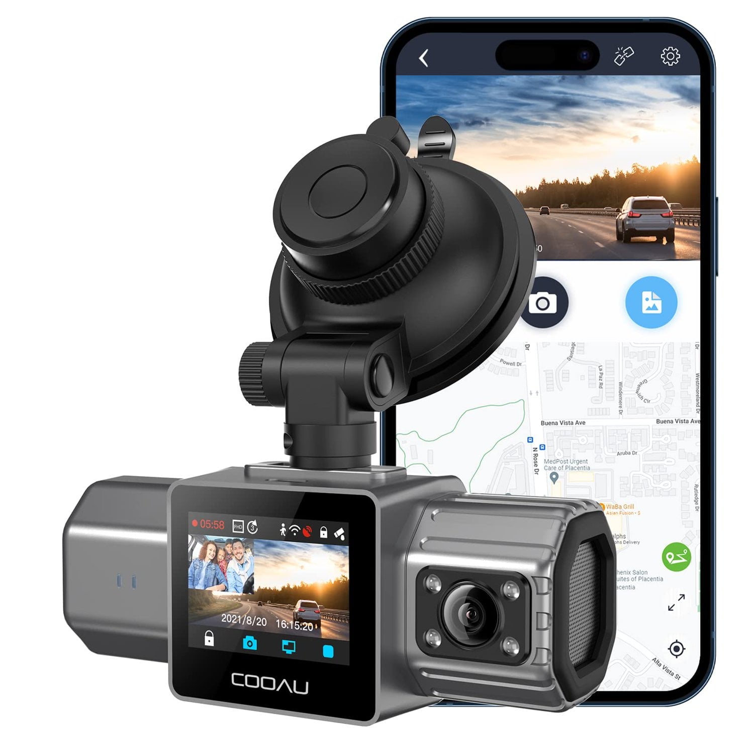 Dual Dash Cam with Built-In GPS, COOAU 1080P Front and Rear WiFi Dash Camera for