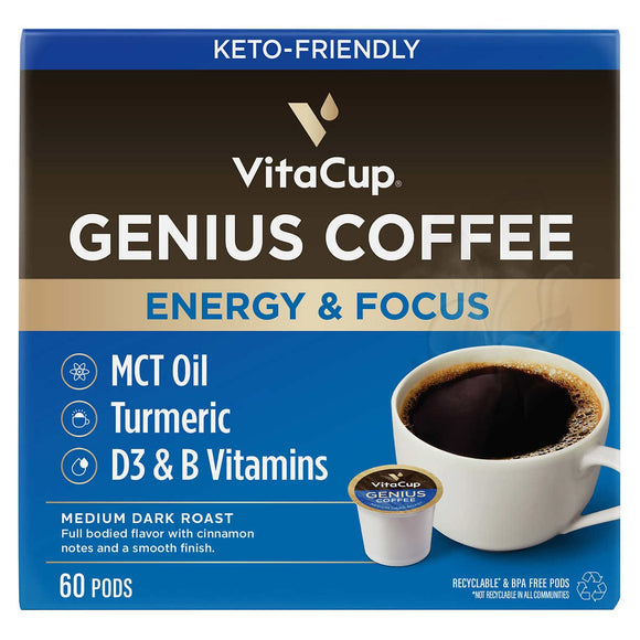 VitaCup Genius 60 Count Coffee Pods, Infused w/ MCT Oil, Turmeric, Vitamins