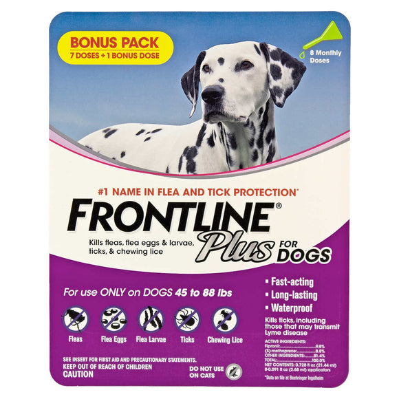 Frontline Plus Flea and Tick Protection Bonus Pack for 45-88 lb Dog, 7+1 Doses