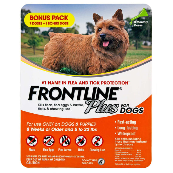 Frontline Plus Flea and Tick Protection for 5-22 lb Dog, 7+1 Doses
