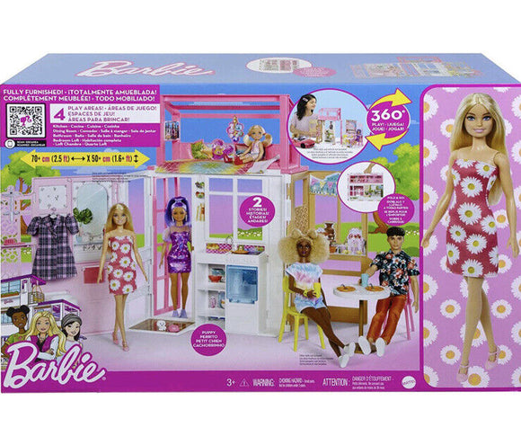 Barbie Vacation Dollhouse and Playset with Barbie Doll 2 Levels & 4 Play Areas