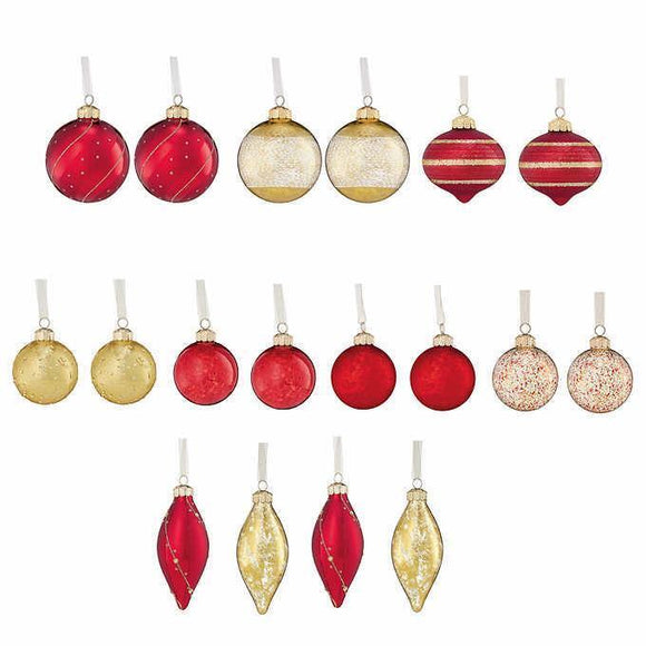 Christmas Ornaments Gold Red Glass 18-Piece Hand-Decorated Elegant Indoor