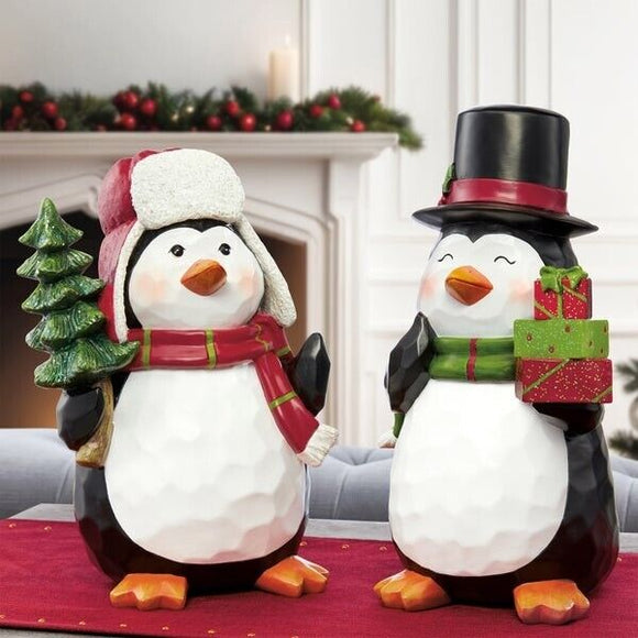 Set of 2 Whimsical Holiday Penguin Figurines, 15.24” H Resin Holiday Penguin