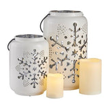 Set of 2 Holiday Snowflake Ceramic Lanterns with LED Candles, 14” H Lantern