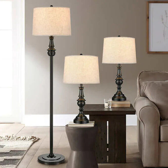 Bridgeport Designs Brighten Linen Shade Floor Lamp Set, 2 Table lamps & Floor Lamp