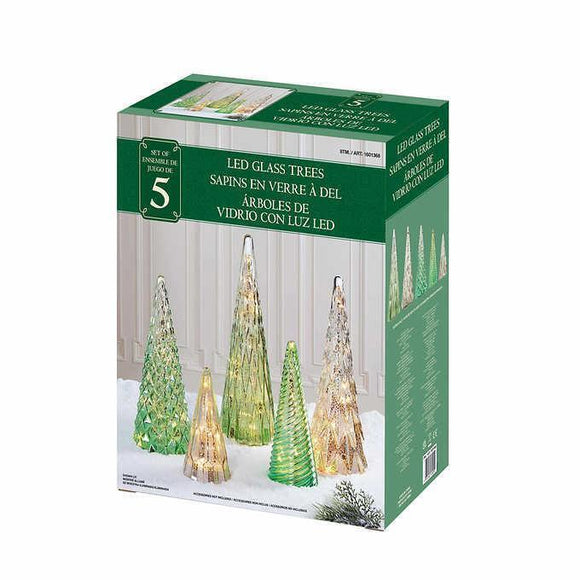 5-Piece Christmas Glass LED Trees Set, Timer Function Warm LED Lighting