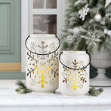 Set of 2 Holiday Snowflake Ceramic Lanterns with LED Candles, 14” H Lantern