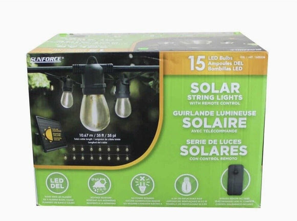 Sunforce 35' Solar String Lights with Remote Control, 15 LED Bulbs Outdoor Indoor