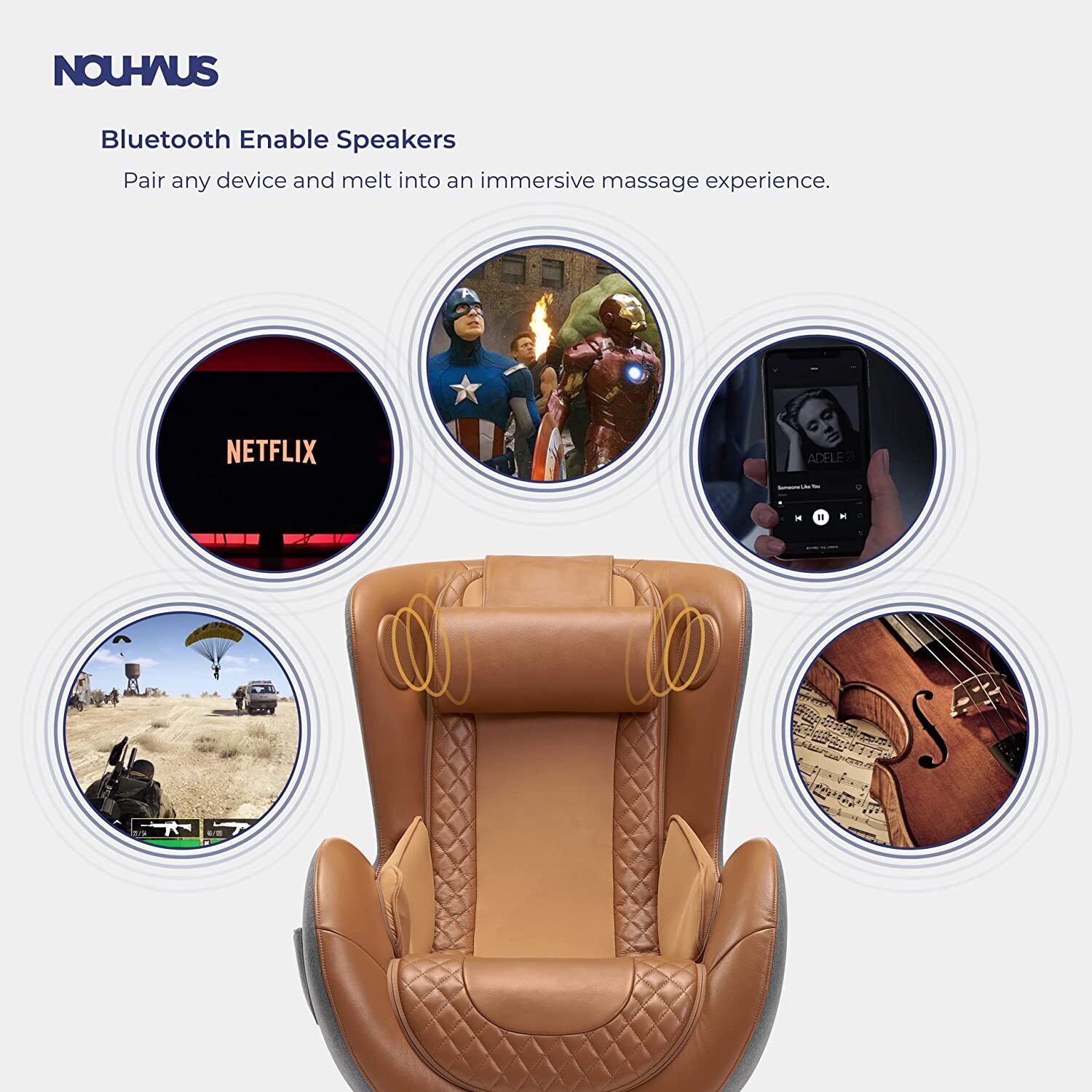 NOUHAUS Classic Leather Massage Chair with Ottoman, Caramel