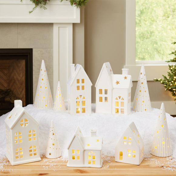 Holiday illuminated Ceramic Village 10-Piece Set in White