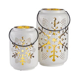 Set of 2 Holiday Snowflake Ceramic Lanterns with LED Candles, 14” H Lantern