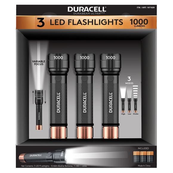 Duracell 1000 Lumen 4AAA LED Flashlight, 3-Pack