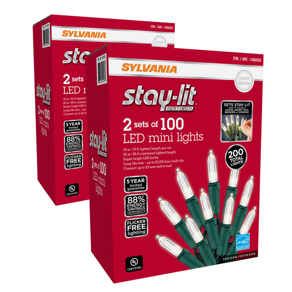 Sylvania Stay-Lit 100 Mini Pure White LED Lights, 4 Sets of 100 Lights