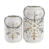 Set of 2 Holiday Snowflake Ceramic Lanterns with LED Candles, 14” H Lantern