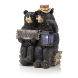 Alpine Corporation 15" Tall Outdoor Bear Couple with Lantern and Welcome Sign Statue, 11"L x 9"W x 15"H