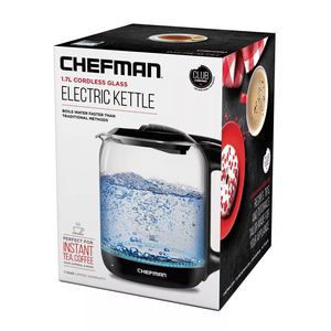 Chefman 1.7L Electric Glass Tea Kettle with One Touch Easy Operation