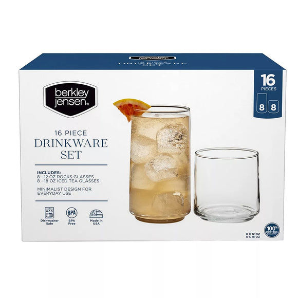 Berkley Jensen 16 Pc Drinkware Set,  8 x 10.5 oz Rocks 8 x 16 oz Teas Drinking Glasses