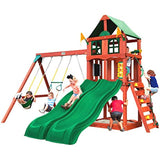 Gorilla Playsets  Adventure Wave Swing Set, Playmaker Deluxe Wooden Swing Set with Vinyl Canopy Roof, Dual Wave Slides