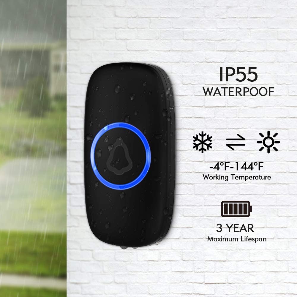 Wireless Door Bell,Mini Waterproof Doorbell Chime Operating at 1000 Feet with 32 Melodies,4 Volume Levels & LED Flash,Black