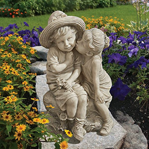 Design Toscano Kissing Kids Boy and Girl Garden Decor Statue, 14 Inch, Polyresin, Antique Stone