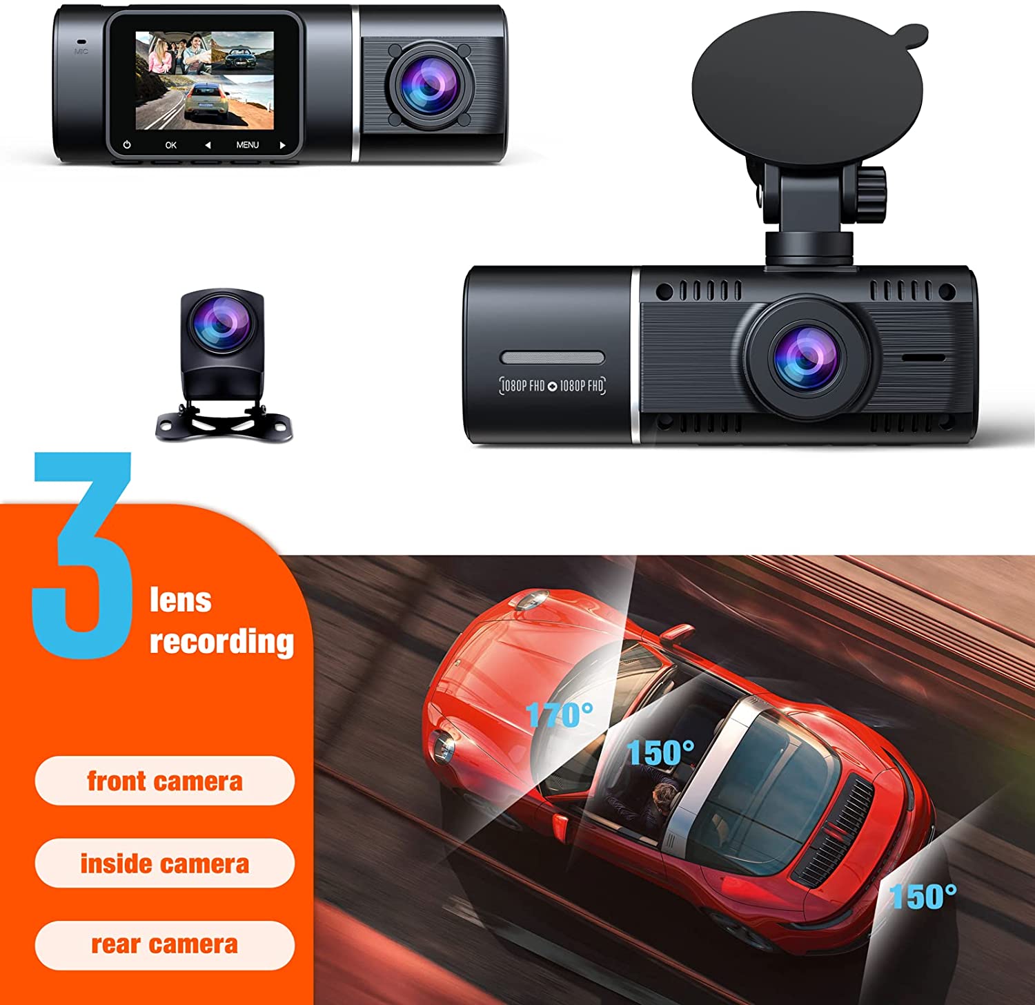Car Dash Cam 3 Channel Front Inside+Rear Three Way Triple Camera IR Night  Vision