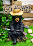 Angry Black Bear Holding Rifle 15"H Statue With Welcome or Go Away Plank Sign