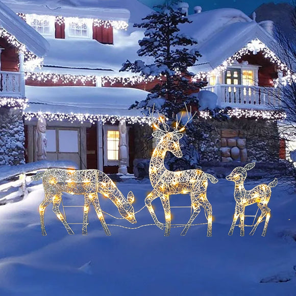 Set of 3 Lighted Family Deer, White Glittered Doe, Fawn and Reindeer Lighted