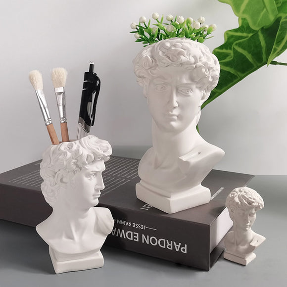 GadgetVLot Flower Pot Vase Art Sculpture Resin Statue Creative Small Head David Portrait Home Decoration Pen Holder