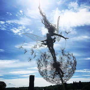 Faries and Dandelions Dance Together Sculpture, Fairy Garden Metal Yard Art Statue