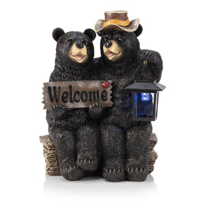 Alpine Corporation 15" Tall Outdoor Bear Couple with Lantern and Welcome Sign Statue, 11"L x 9"W x 15"H