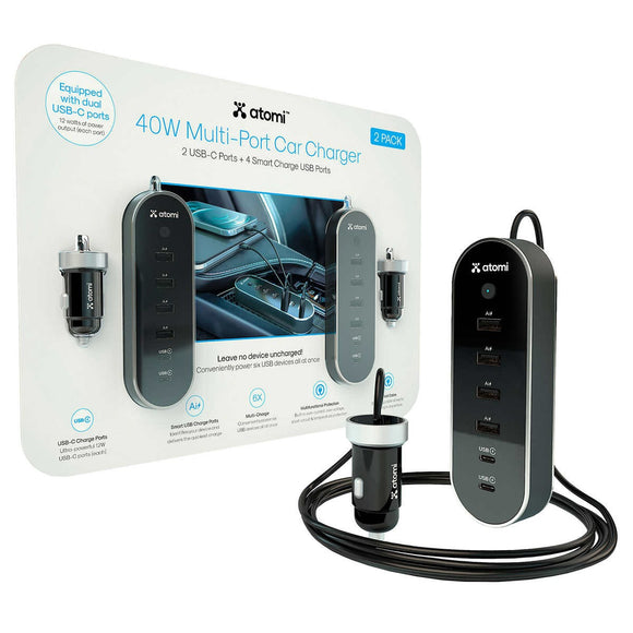 Atomi 40W Multi-Port Car Charger, 2 Pack