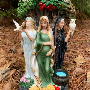 Celtic Sacred Moon Triple Goddess Mother Maiden Crone Under Tree of Life Statue