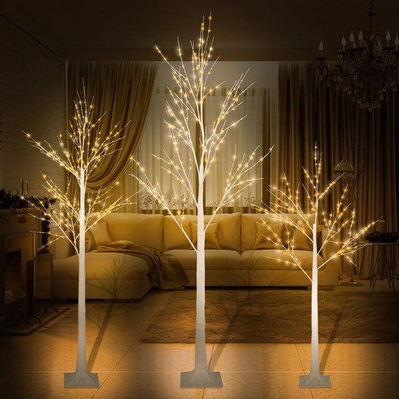 4Ft, 5Ft and 6Ft Set of 3 White Birch Tree,  with Warm Yellow LED Lights