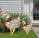 Christmas Light-Up Chicken with Scarf Holiday Decoration Outdoor Decor, Solar Powered with 50 Mini Lights