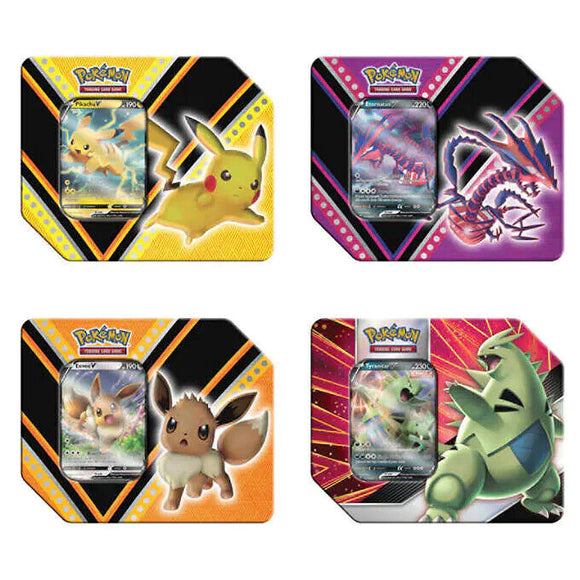 Pokemon 4 Pack V Tins – Pikachu, Eternatus, Eevee, Tyranitar