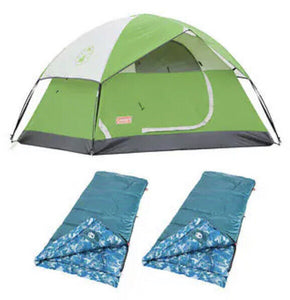 Coleman 2-person Sun Dome Tent and 2 Camo 45 Youth Sleeping Bag Bundle Camping